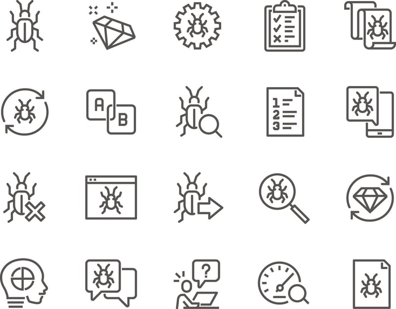 Graphic line drawings of bugs and errors in the software development life cycle. 