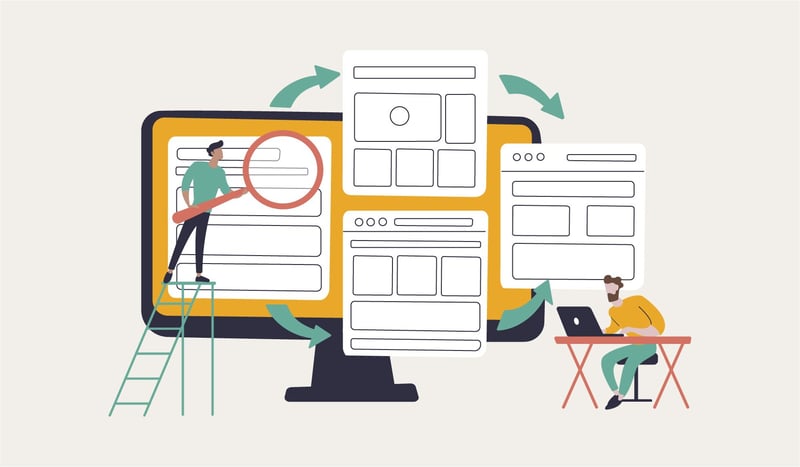 Abstract illustration showing men on step ladders looking at large project management elements on web pages